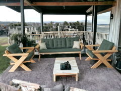 Berlin Masif Ahşap Bahçe Balkon Koltuk Takımı Kestane Ağacı - 1 adet Üçlü 2 Adet Tekli Haki Yeşil A.T.