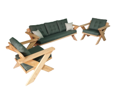 Berlin Masif Ahşap Bahçe Balkon Koltuk Takımı Kestane Ağacı - 1 adet Üçlü 2 Adet Tekli Haki Yeşil A.T.