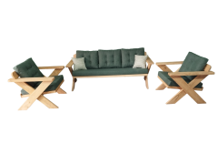 Berlin Masif Ahşap Bahçe Balkon Koltuk Takımı Kestane Ağacı - 1 adet Üçlü 2 Adet Tekli Haki Yeşil A.T.