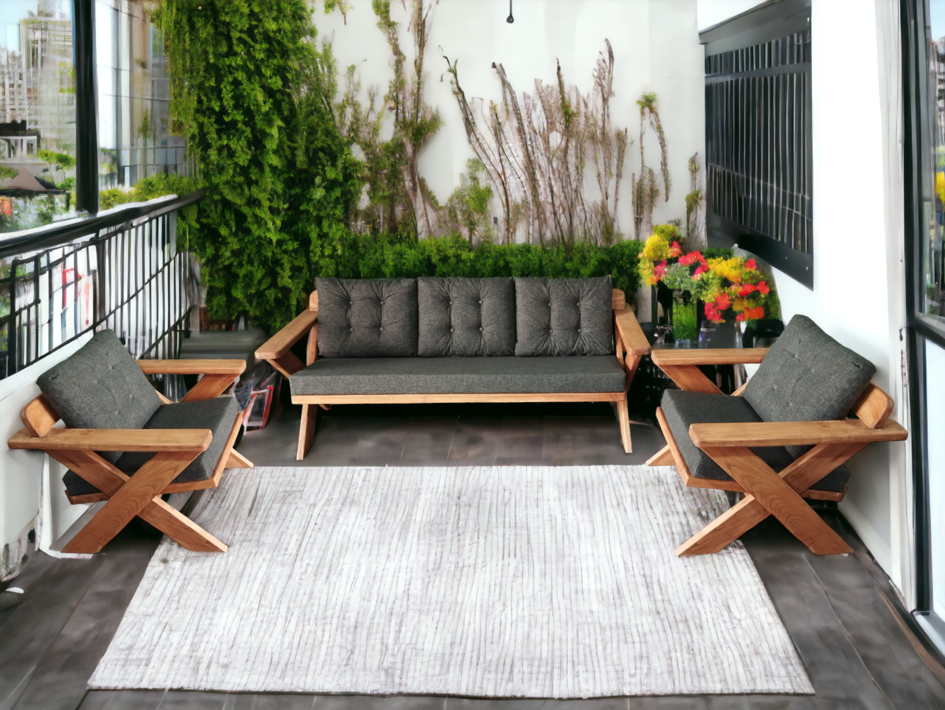 Berlin Masif Ahşap Bahçe Balkon Koltuk Takımı Kestane Ağacı - 1 adet Üçlü 2 Adet Tekli Antrasit Gri K.T.