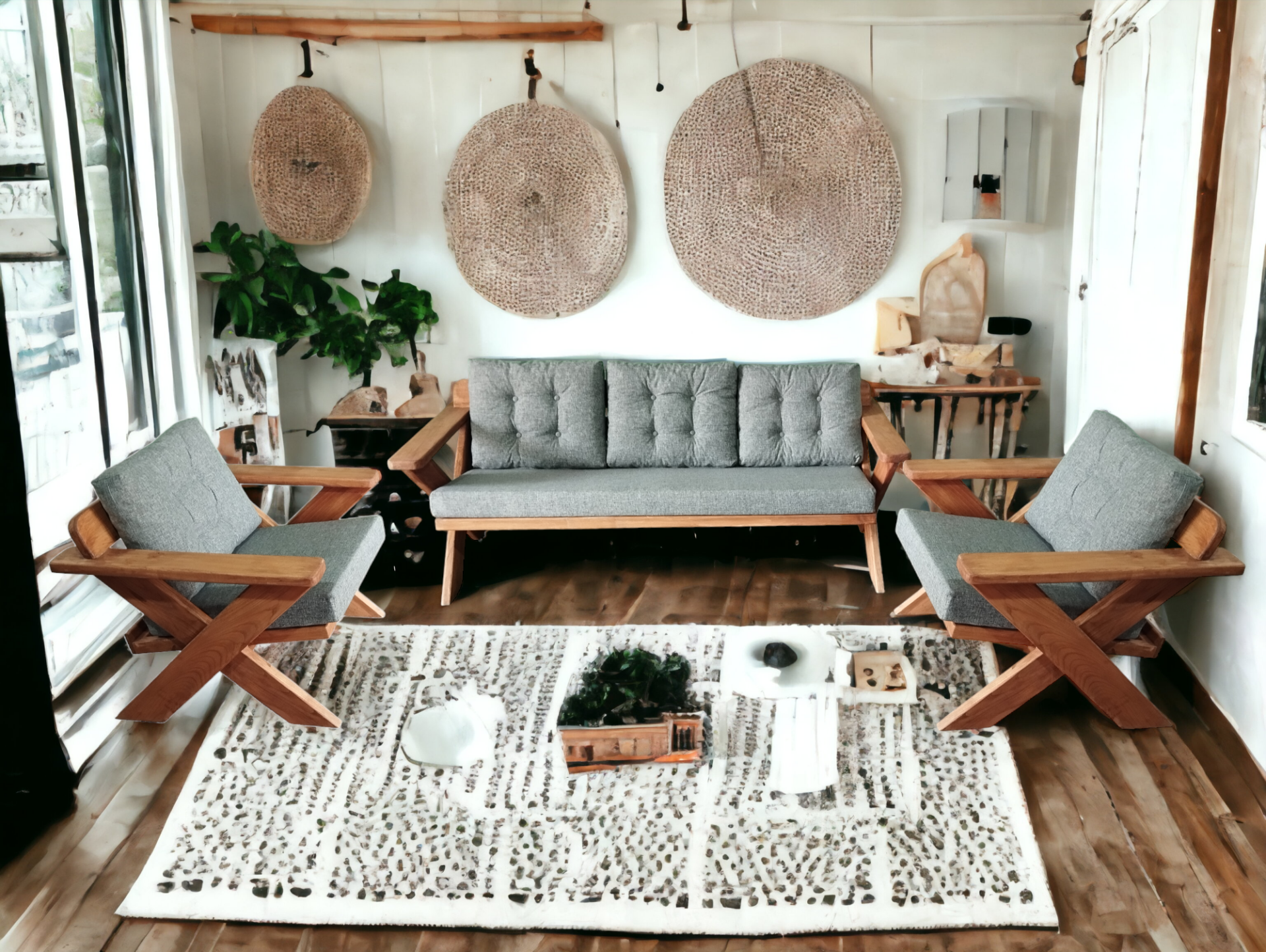 Berlin Masif Ahşap Bahçe Balkon Koltuk Takımı Kestane Ağacı - 1 adet Üçlü 2 Adet Tekli Gri K.T.