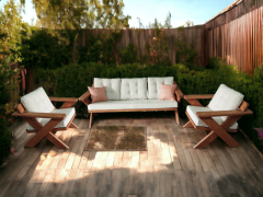 Berlin Masif Ahşap Bahçe Balkon Koltuk Takımı Kestane Ağacı - 1 adet Üçlü 2 Adet Tekli Krem K.T.