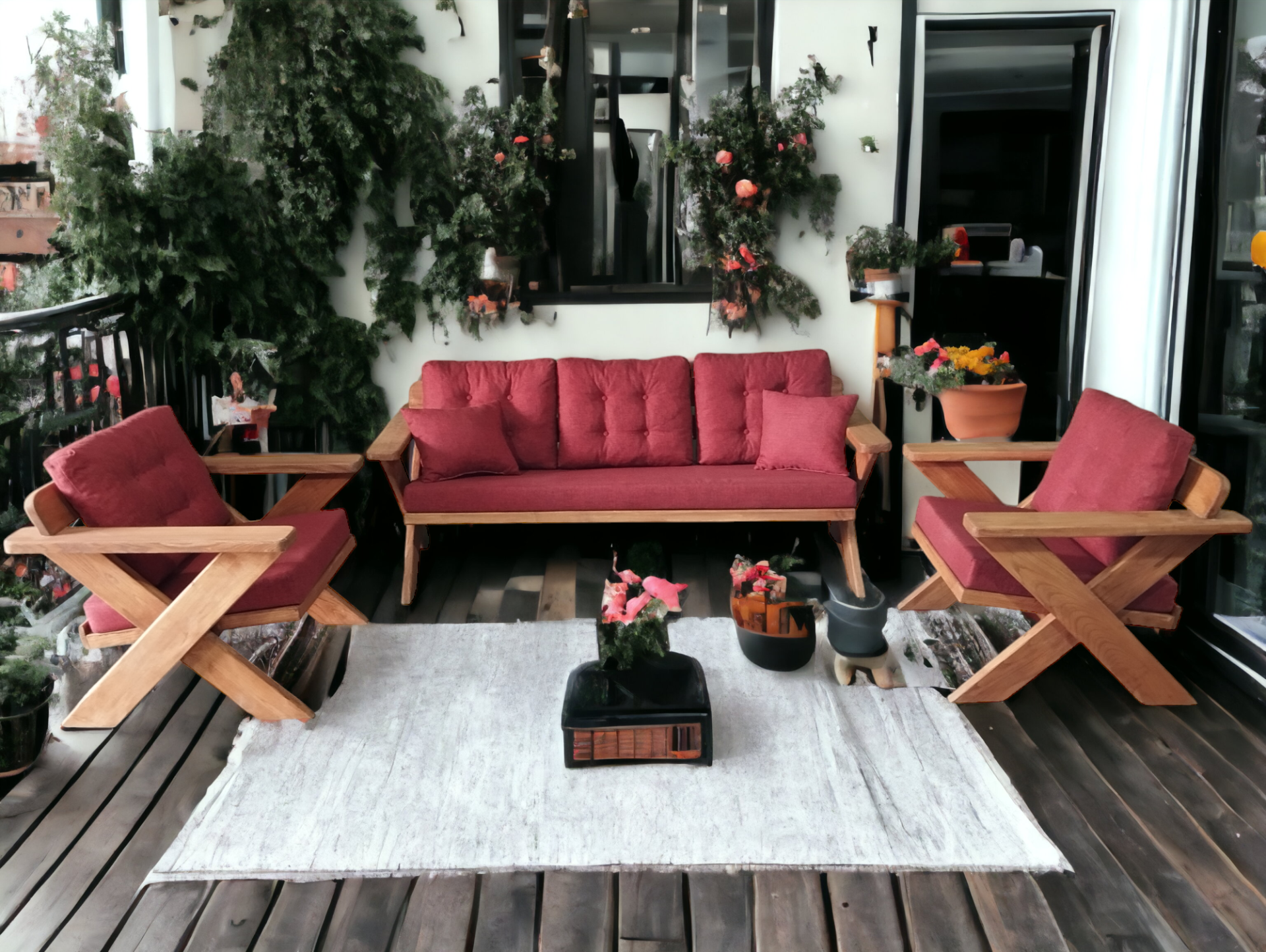 Berlin Masif Ahşap Bahçe Balkon Koltuk Takımı Kestane Ağacı - 1 adet Üçlü 2 Adet Tekli Bordo K.T.