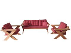 Berlin Masif Ahşap Bahçe Balkon Koltuk Takımı Kestane Ağacı - 1 adet Üçlü 2 Adet Tekli Bordo K.T.
