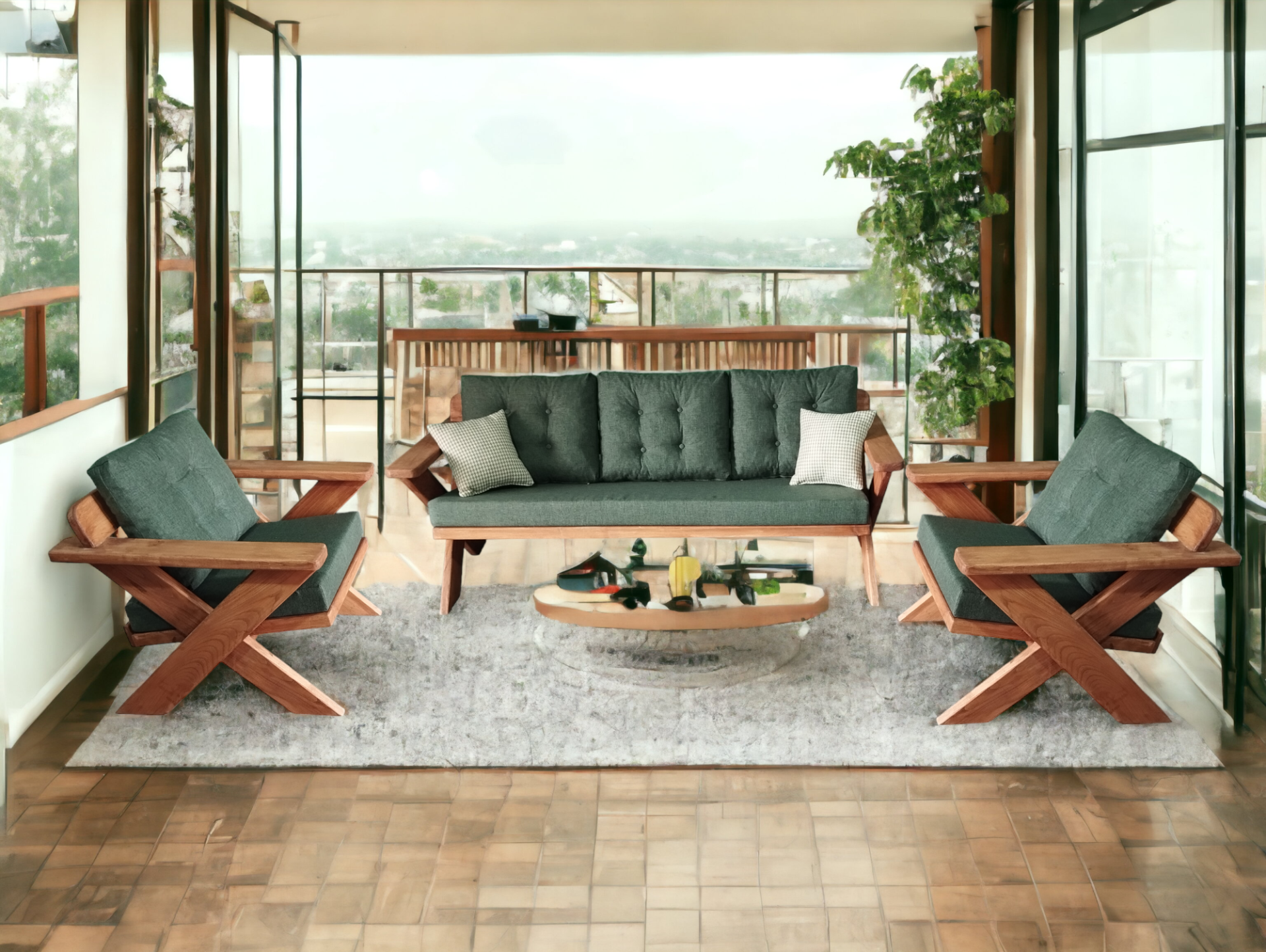 Berlin Masif Ahşap Bahçe Balkon Koltuk Takımı Kestane Ağacı - 1 adet Üçlü 2 Adet Tekli Haki Yeşil K.T.