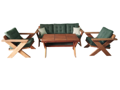 Berlin Masif Ahşap Bahçe Balkon Koltuk Takımı Kestane Ağacı - 1 adet Üçlü 2 Adet Tekli Haki Yeşil K.T.