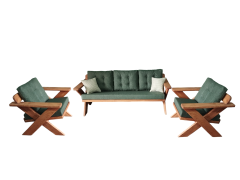 Berlin Masif Ahşap Bahçe Balkon Koltuk Takımı Kestane Ağacı - 1 adet Üçlü 2 Adet Tekli Haki Yeşil K.T.