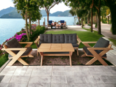 Berlin Masif Ahşap Bahçe Balkon Koltuk Takımı Kestane Ağacı - 1 adet Üçlü 2 Adet Tekli ve Masa Antrasit Gri A.T.