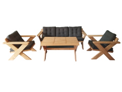 Berlin Masif Ahşap Bahçe Balkon Koltuk Takımı Kestane Ağacı - 1 adet Üçlü 2 Adet Tekli ve Masa Antrasit Gri A.T.