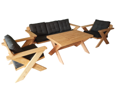 Berlin Masif Ahşap Bahçe Balkon Koltuk Takımı Kestane Ağacı - 1 adet Üçlü 2 Adet Tekli ve Masa Antrasit Gri A.T.