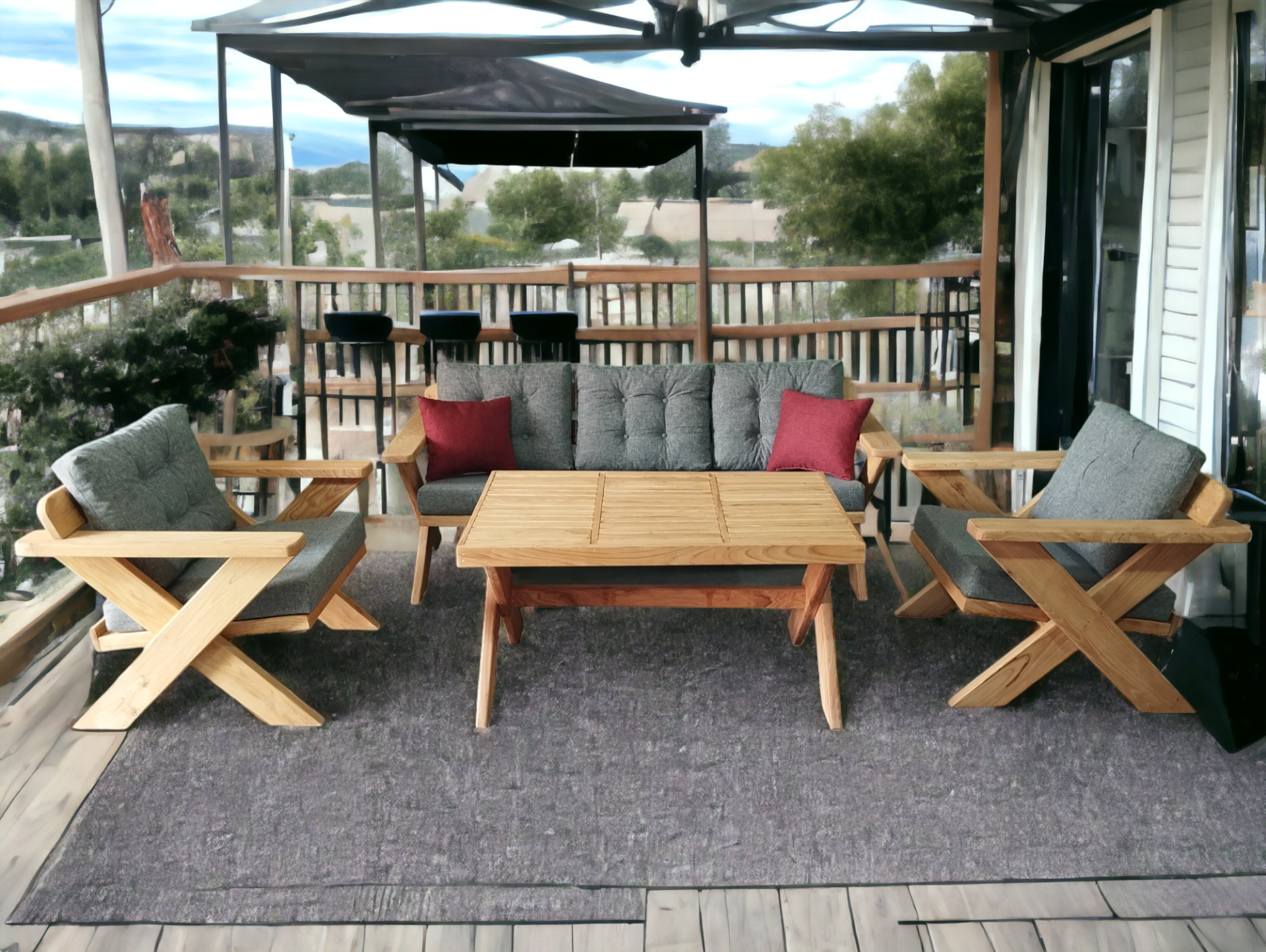 Berlin Masif Ahşap Bahçe Balkon Koltuk Takımı Kestane Ağacı - 1 adet Üçlü 2 Adet Tekli ve Masa  Gri A.T.