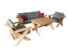 Berlin Masif Ahşap Bahçe Balkon Koltuk Takımı Kestane Ağacı - 1 adet Üçlü 2 Adet Tekli ve Masa  Gri A.T.