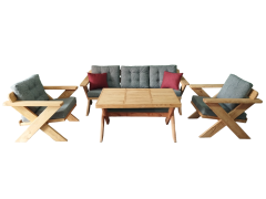 Berlin Masif Ahşap Bahçe Balkon Koltuk Takımı Kestane Ağacı - 1 adet Üçlü 2 Adet Tekli ve Masa  Gri A.T.