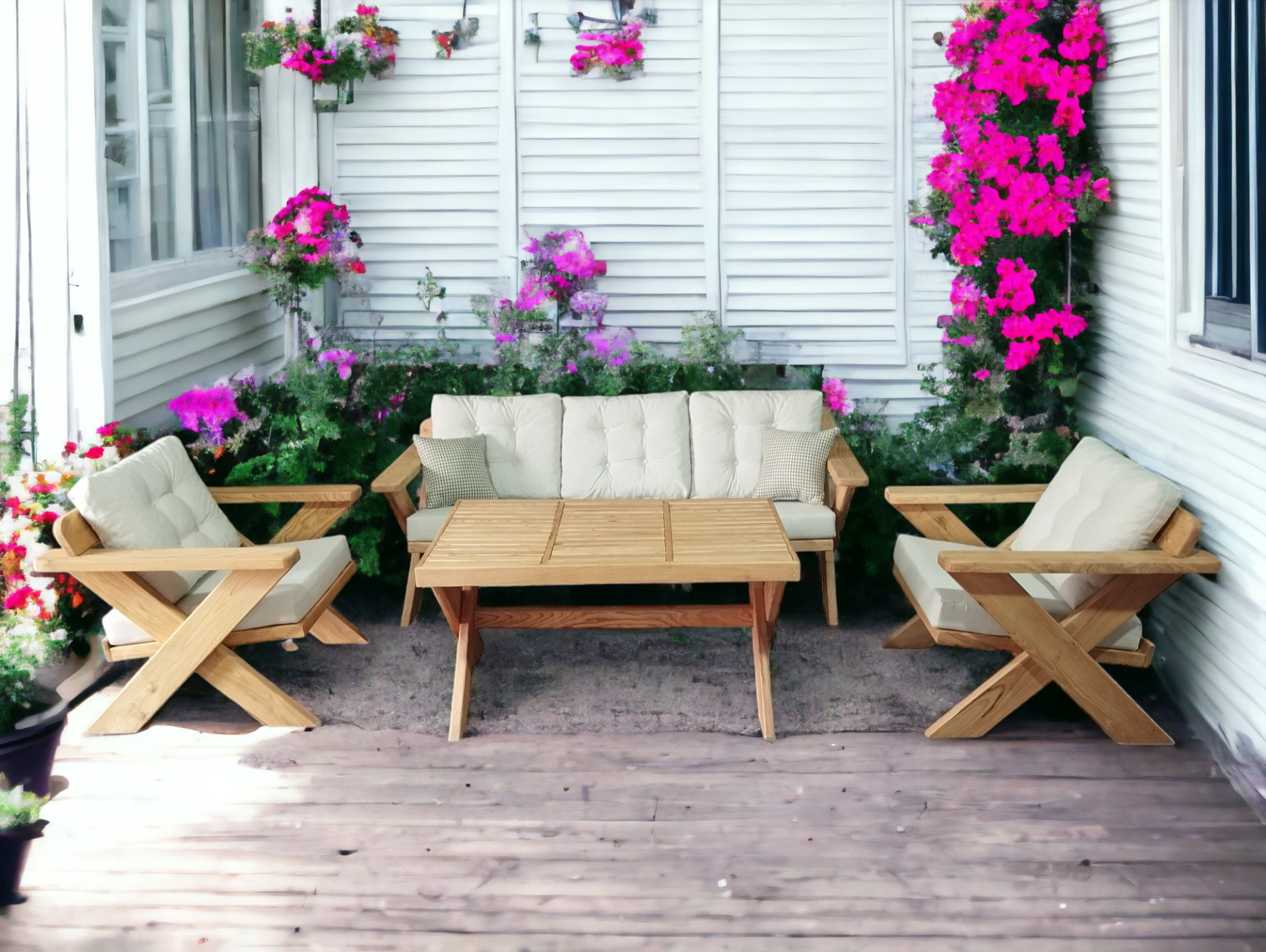 Berlin Masif Ahşap Bahçe Balkon Koltuk Takımı Kestane Ağacı - 1 adet Üçlü 2 Adet Tekli ve Masa  Krem A.T.