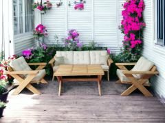 Berlin Masif Ahşap Bahçe Balkon Koltuk Takımı Kestane Ağacı - 1 adet Üçlü 2 Adet Tekli ve Masa  Krem A.T.