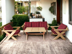 Berlin Masif Ahşap Bahçe Balkon Koltuk Takımı Kestane Ağacı - 1 adet Üçlü 2 Adet Tekli ve Masa Bordo A.T.