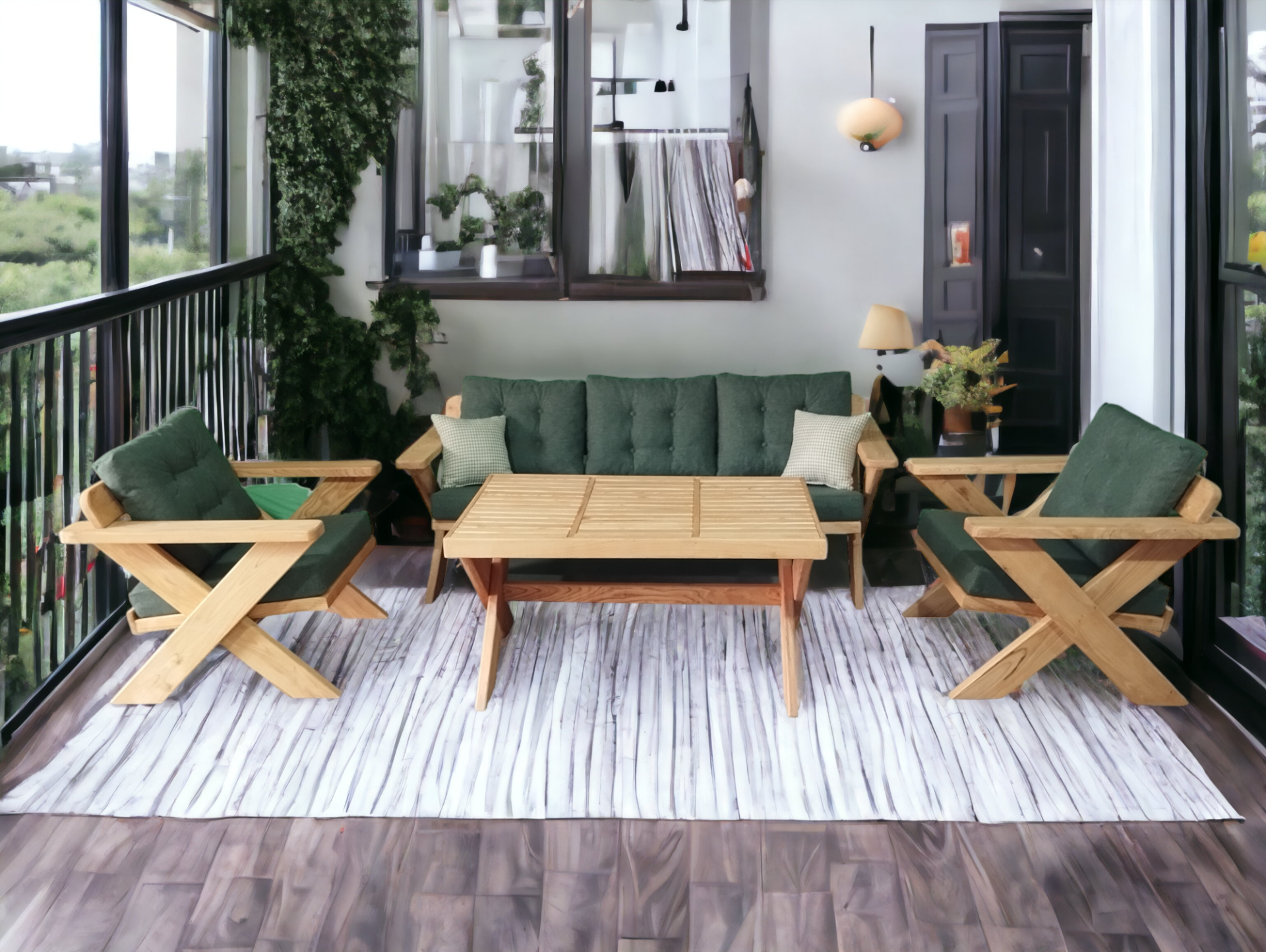 Berlin Masif Ahşap Bahçe Balkon Koltuk Takımı Kestane Ağacı - 1 Adet Üçlü 2 Adet Tekli ve Masa Haki Yesil A.T.