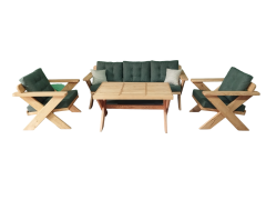 Berlin Masif Ahşap Bahçe Balkon Koltuk Takımı Kestane Ağacı - 1 Adet Üçlü 2 Adet Tekli ve Masa Haki Yesil A.T.