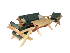 Berlin Masif Ahşap Bahçe Balkon Koltuk Takımı Kestane Ağacı - 1 Adet Üçlü 2 Adet Tekli ve Masa Haki Yesil A.T.