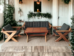 Berlin Masif Ahşap Bahçe Balkon Koltuk Takımı Kestane Ağacı - 1 Adet Üçlü 2 Adet Tekli ve Masa Antrasit Gri K.T.