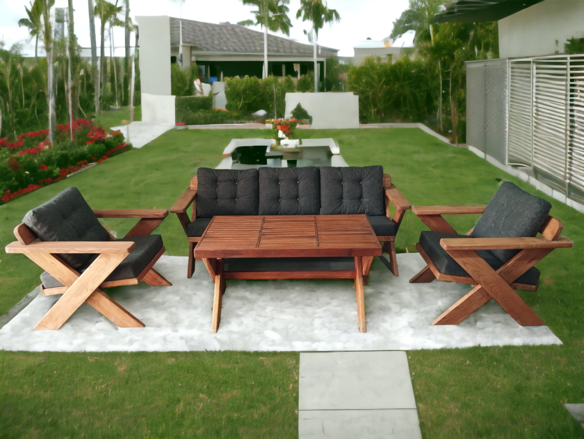 Berlin Masif Ahşap Bahçe Balkon Koltuk Takımı Kestane Ağacı - 1 Adet Üçlü 2 Adet Tekli ve Masa Antrasit Gri K.T.