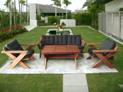 Berlin Masif Ahşap Bahçe Balkon Koltuk Takımı Kestane Ağacı - 1 Adet Üçlü 2 Adet Tekli ve Masa Antrasit Gri K.T.