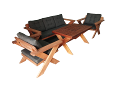 Berlin Masif Ahşap Bahçe Balkon Koltuk Takımı Kestane Ağacı - 1 Adet Üçlü 2 Adet Tekli ve Masa Antrasit Gri K.T.