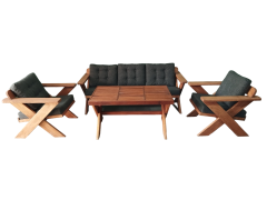 Berlin Masif Ahşap Bahçe Balkon Koltuk Takımı Kestane Ağacı - 1 Adet Üçlü 2 Adet Tekli ve Masa Antrasit Gri K.T.