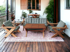 Berlin Masif Ahşap Bahçe Balkon Koltuk Takımı Kestane Ağacı - 1 Adet Üçlü 2 Adet Tekli ve Masa Gri K.T.