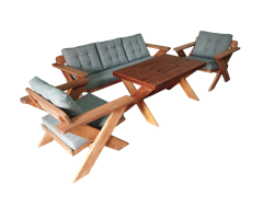 Berlin Masif Ahşap Bahçe Balkon Koltuk Takımı Kestane Ağacı - 1 Adet Üçlü 2 Adet Tekli ve Masa Gri K.T.