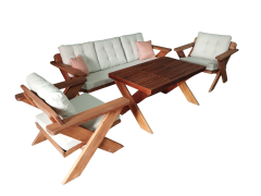 Berlin Masif Ahşap Bahçe Balkon Koltuk Takımı Kestane Ağacı - 1 Adet Üçlü 2 Adet Tekli ve Masa Krem K.T.