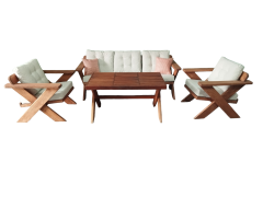 Berlin Masif Ahşap Bahçe Balkon Koltuk Takımı Kestane Ağacı - 1 Adet Üçlü 2 Adet Tekli ve Masa Krem K.T.