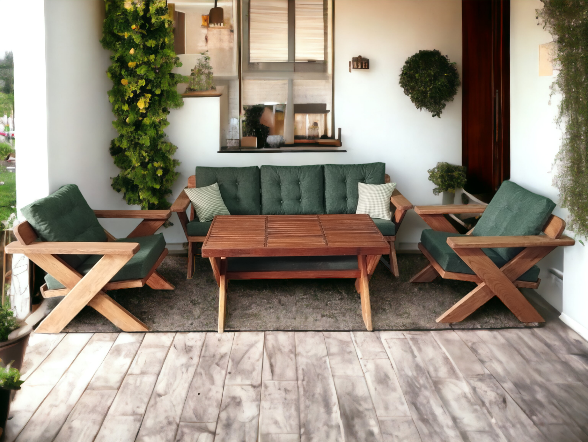 Berlin Masif Ahşap Bahçe Balkon Koltuk Takımı Kestane Ağacı - 1 Adet Üçlü 2 Adet Tekli ve Masa Haki Yeşil K.T.