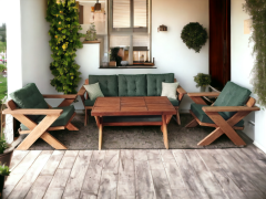 Berlin Masif Ahşap Bahçe Balkon Koltuk Takımı Kestane Ağacı - 1 Adet Üçlü 2 Adet Tekli ve Masa Haki Yeşil K.T.