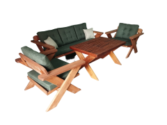 Berlin Masif Ahşap Bahçe Balkon Koltuk Takımı Kestane Ağacı - 1 Adet Üçlü 2 Adet Tekli ve Masa Haki Yeşil K.T.