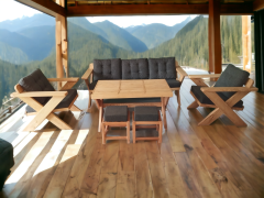 Berlin Masif Ahşap Bahçe Balkon Koltuk Kestane Ağacı 3+1+1 Koltuk, Masa ve Puf Takımı Antrasit Gri A.T.