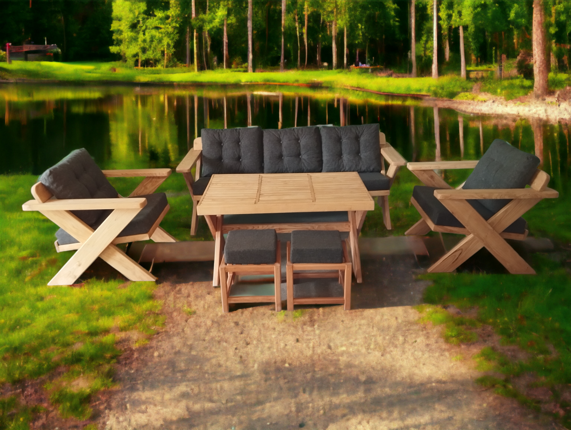 Berlin Masif Ahşap Bahçe Balkon Koltuk Kestane Ağacı 3+1+1 Koltuk, Masa ve Puf Takımı Antrasit Gri A.T.