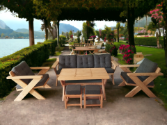 Berlin Masif Ahşap Bahçe Balkon Koltuk Kestane Ağacı 3+1+1 Koltuk, Masa ve Puf Takımı Antrasit Gri A.T.