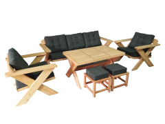 Berlin Masif Ahşap Bahçe Balkon Koltuk Kestane Ağacı 3+1+1 Koltuk, Masa ve Puf Takımı Antrasit Gri A.T.