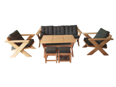 Berlin Masif Ahşap Bahçe Balkon Koltuk Kestane Ağacı 3+1+1 Koltuk, Masa ve Puf Takımı Antrasit Gri A.T.