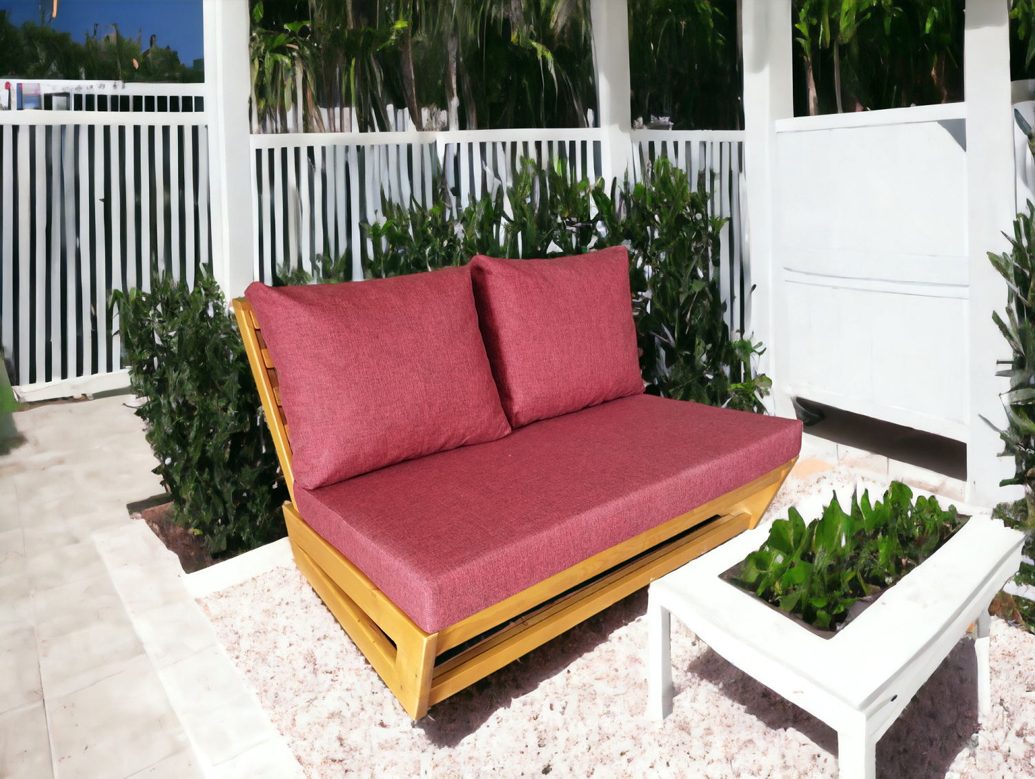 Nepal Bahçe Balkon Masif Kestane Ahşap Koltuk - 1 Adet İkili Koltuk Bordo