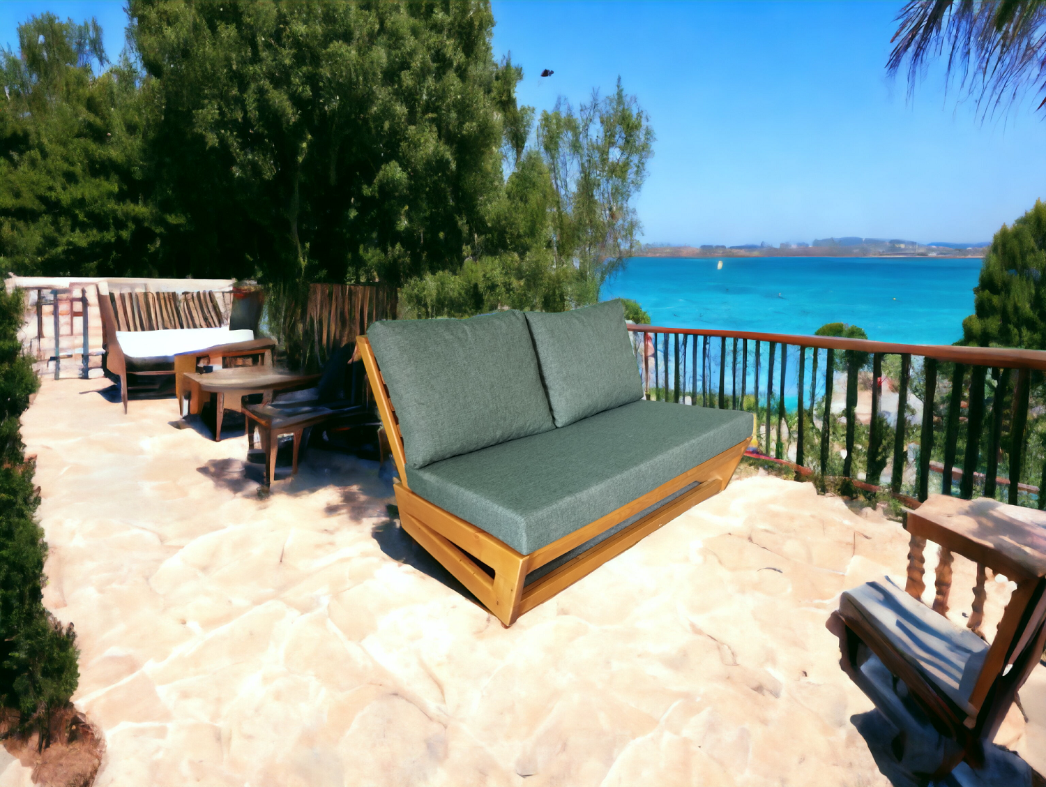 Nepal Bahçe Balkon Masif Kayın Ahşap Koltuk - 1 Adet İkili Koltuk Haki Yeşil