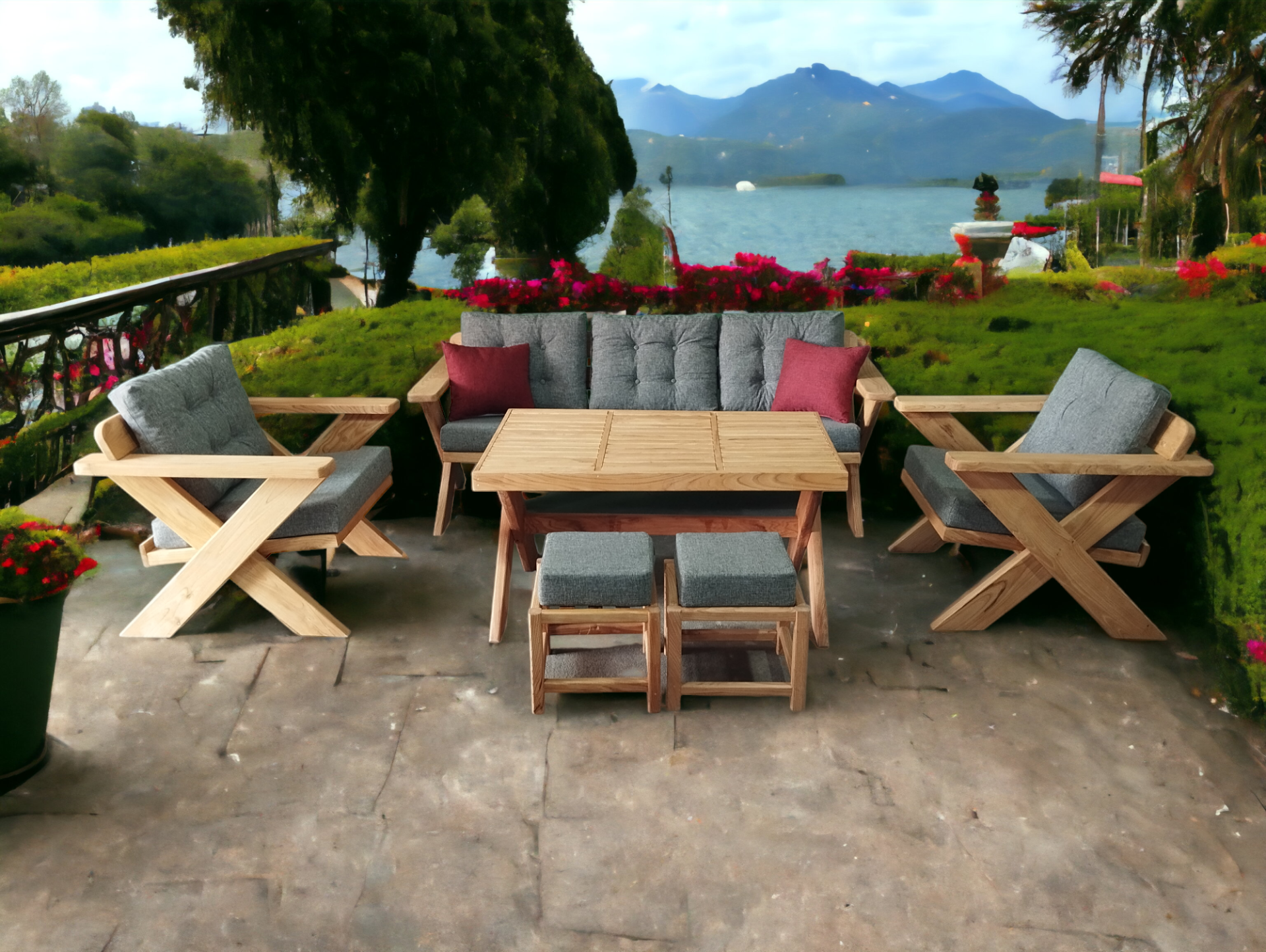 Berlin Masif Ahşap Bahçe Balkon Koltuk Kestane Ağacı 3+1+1 Koltuk, Masa ve Puf Takımı Gri A.T.