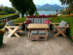 Berlin Masif Ahşap Bahçe Balkon Koltuk Kestane Ağacı 3+1+1 Koltuk, Masa ve Puf Takımı Gri A.T.