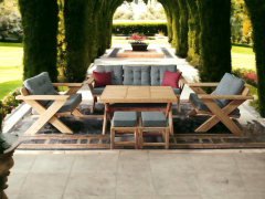 Berlin Masif Ahşap Bahçe Balkon Koltuk Kestane Ağacı 3+1+1 Koltuk, Masa ve Puf Takımı Gri A.T.