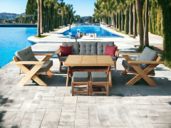 Berlin Masif Ahşap Bahçe Balkon Koltuk Kestane Ağacı 3+1+1 Koltuk, Masa ve Puf Takımı Gri A.T.