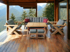 Berlin Masif Ahşap Bahçe Balkon Koltuk Kestane Ağacı 3+1+1 Koltuk, Masa ve Puf Takımı Gri A.T.