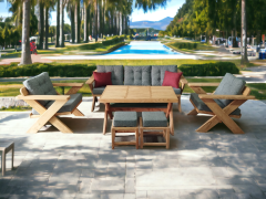 Berlin Masif Ahşap Bahçe Balkon Koltuk Kestane Ağacı 3+1+1 Koltuk, Masa ve Puf Takımı Gri A.T.