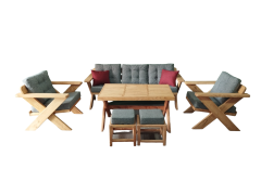 Berlin Masif Ahşap Bahçe Balkon Koltuk Kestane Ağacı 3+1+1 Koltuk, Masa ve Puf Takımı Gri A.T.