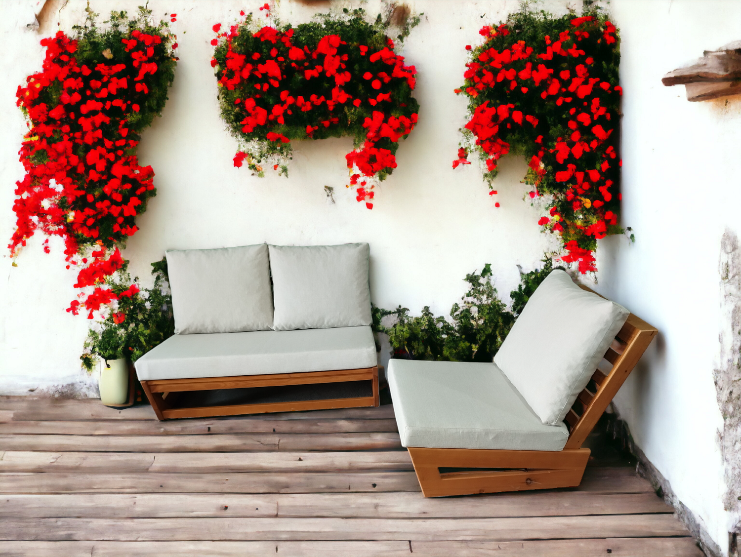 Nepal Bahçe Balkon Masif Kestane Ahşap Koltuk - 1 Adet Tekli 1 Adet İkili Koltuk Krem